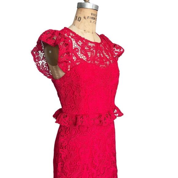 GRACIA Elegant Red Lace Dress with Flutter Sleeves Size M - Picture 2 of 6